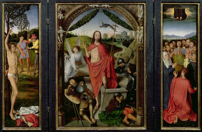 Tríptico de la Resurrección: La Resurrección (centro) El martirio de San Sebastián (izquierda) y La Ascensión (derecha) c.1485-90 de Hans Memling